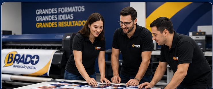 Equipe BRADO+ analisando materiais de impressão